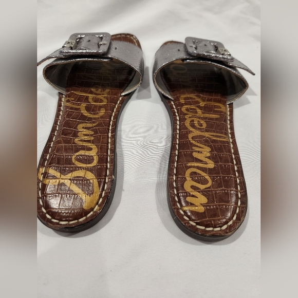 Sam Edelman Granada Snake Skin Embossed Metallic Silver Sandals With Big Buckle - Picture 6 of 8